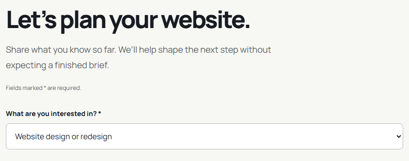 Actual FiveStar Growth enquiry form headed Let’s plan your website, with Website design or redesign already selected