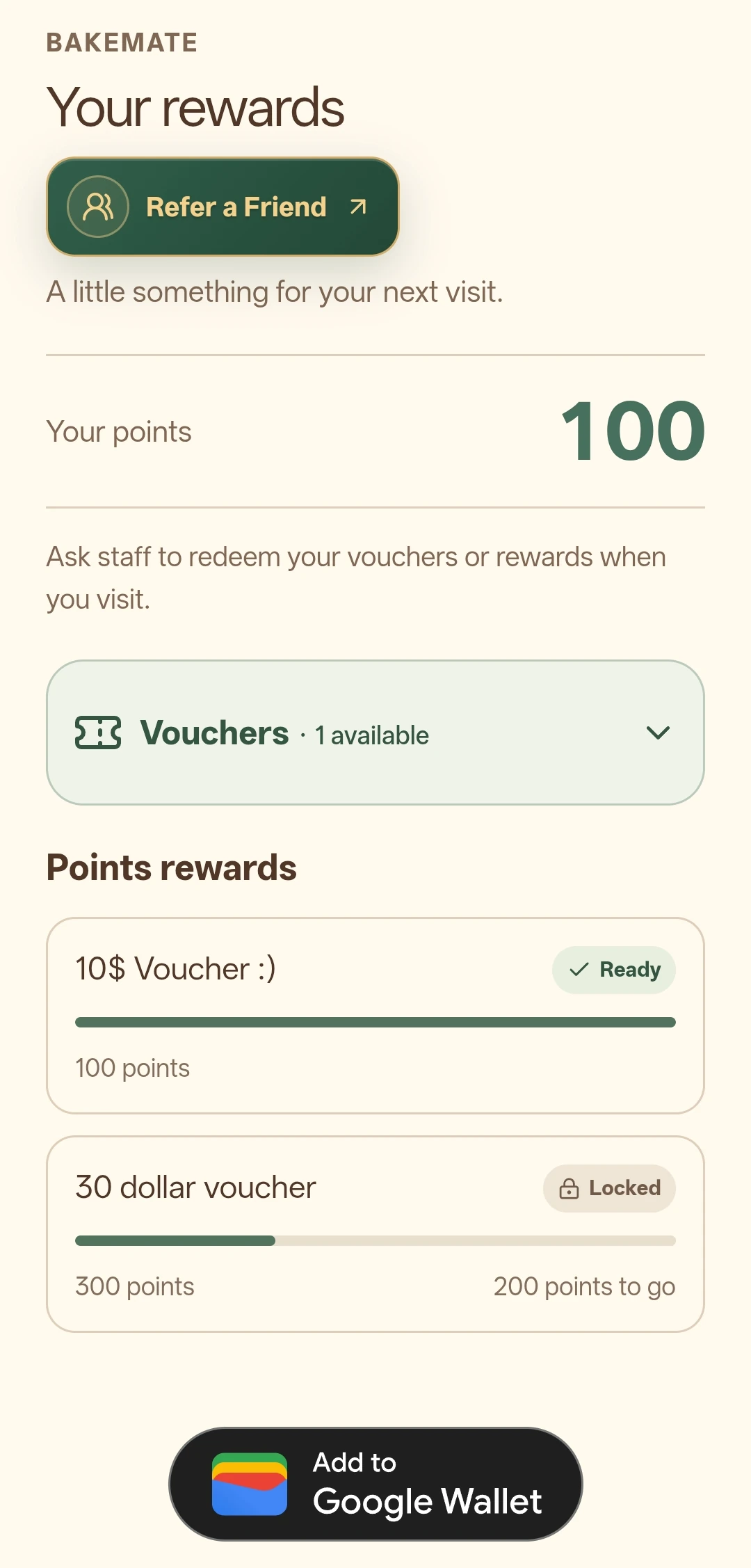 Bakemate rewards screen showing 100 points, an available voucher, a ready reward, progress to the next reward and Add to Google Wallet.