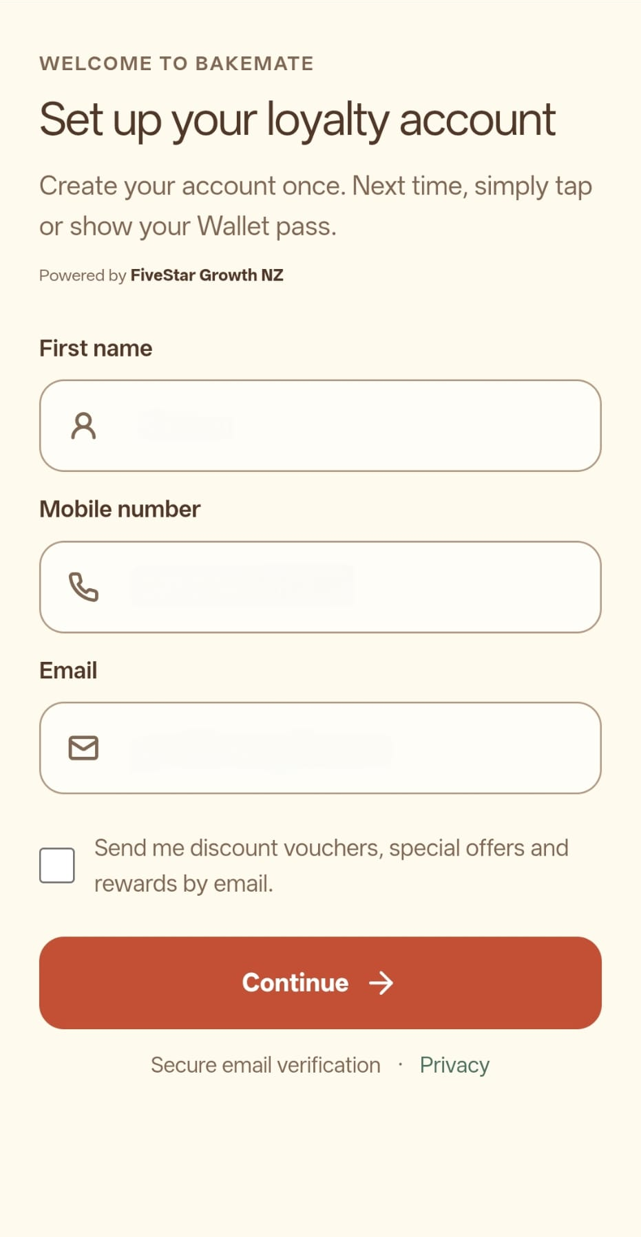 Bakemate mobile signup page with name, mobile and email fields, optional email offers and a Continue button.