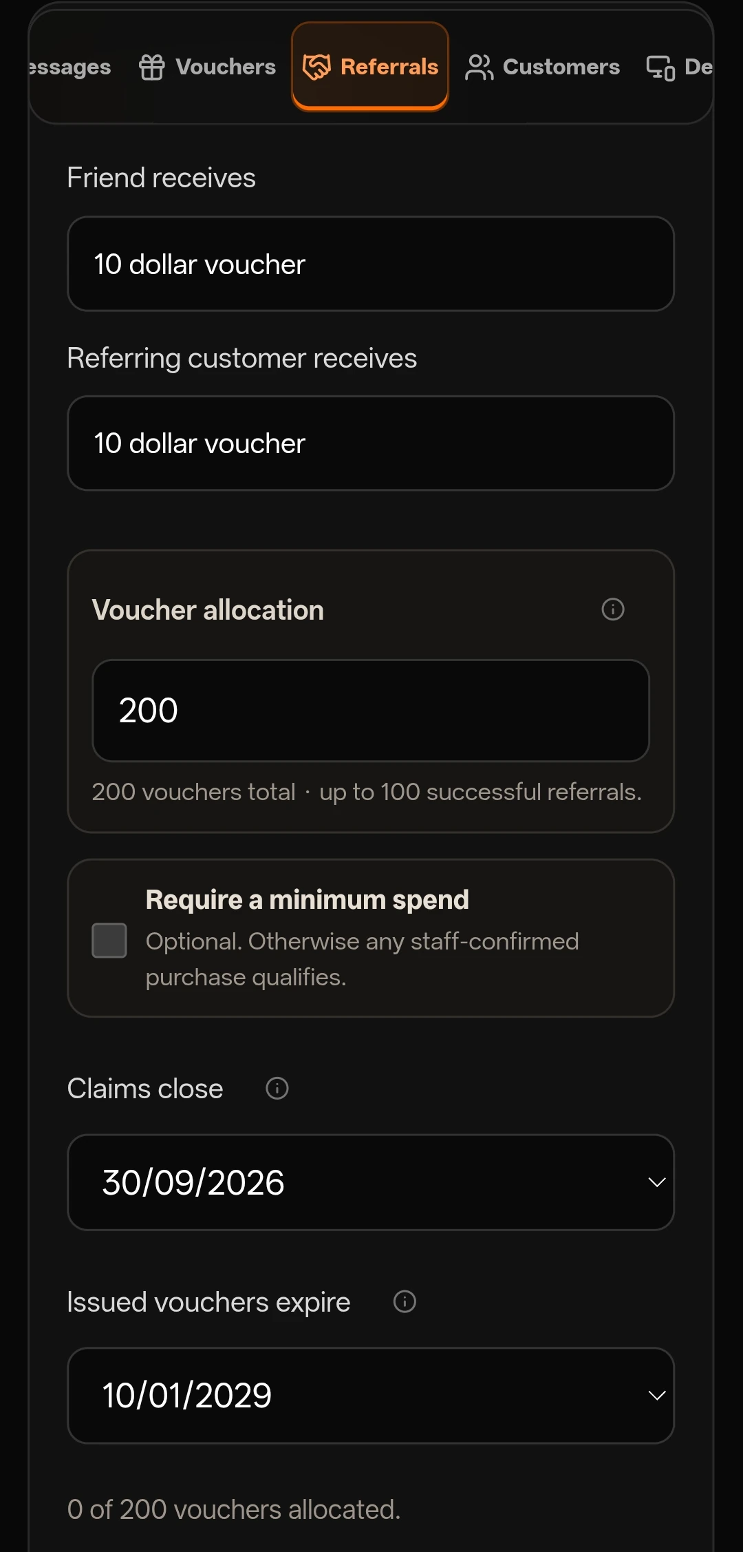 FiveStar referral settings with rewards for both people, voucher allocation, optional minimum spend and separate claim and voucher expiry dates.
