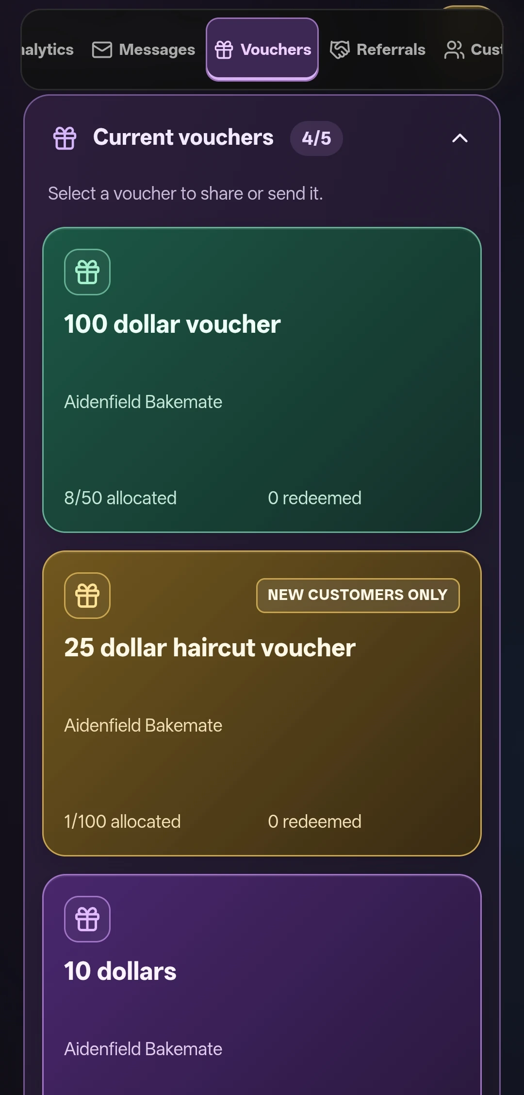 FiveStar current vouchers with different merchant-chosen rewards, allocation counts and the New customers only option.