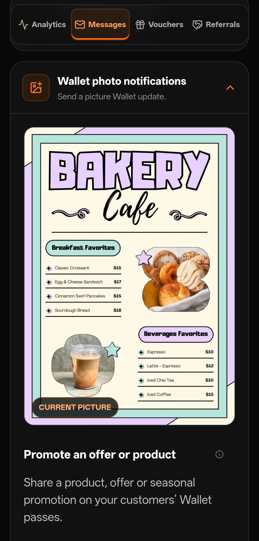 Wallet photo notifications editor showing a bakery menu picture ready to share on customer passes.