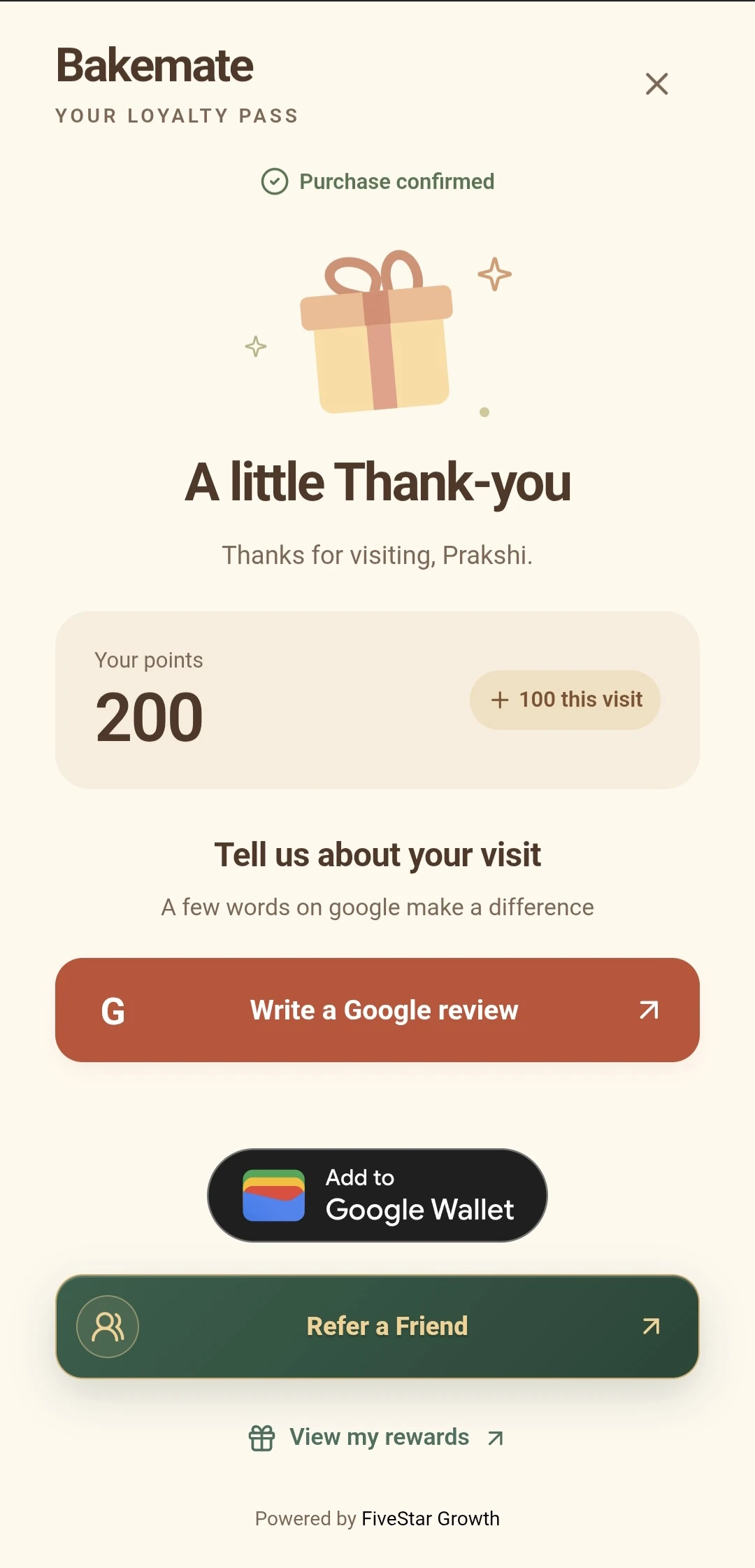 Purchase confirmation with points earned, an optional Google review button, Add to Google Wallet, Refer a Friend and View my rewards.