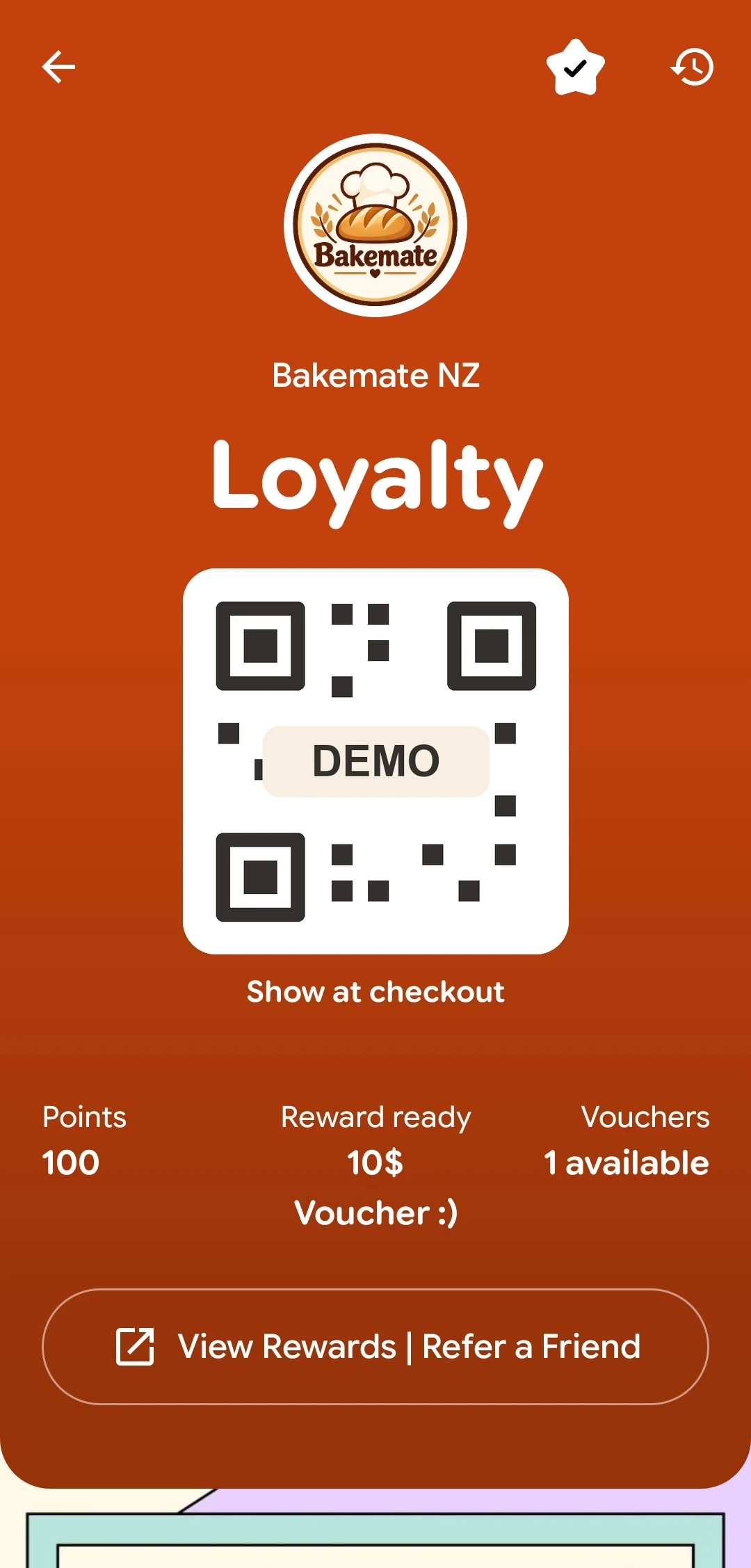 Bakemate Wallet pass with its checkout code, 100 points, an available reward and a link to rewards and referrals.