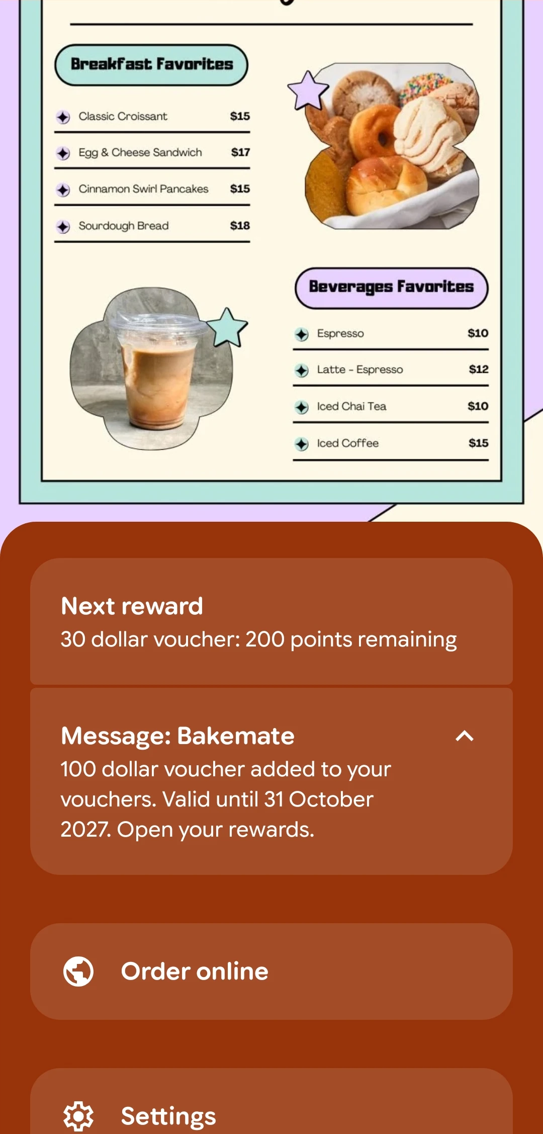 The bakery menu, next reward, merchant message and Order online link on a customer’s Google Wallet pass.