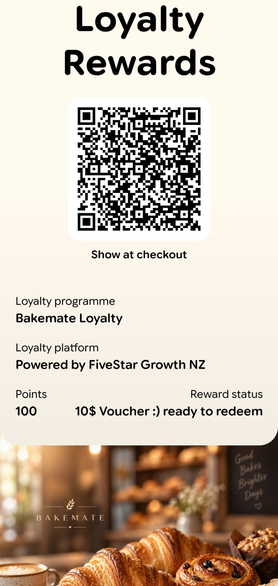 Full BakeMate Wallet pass showing points, an available reward and the checkout QR code